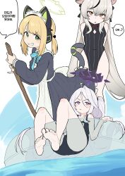  3girls absurdres animal_ear_headphones animal_ears annoyed blonde_hair blue_archive blush_stickers broom buoy cameltoe cat_ear_headphones cat_tail chinese_clothes cleavage_cutout clenched_teeth clothing_cutout fake_animal_ears feet flat_chest ggaebchun green_eyes grey_hair grin halo headphones highres hina_(blue_archive) hina_(swimsuit)_(blue_archive) kokona_(blue_archive) korean_text long_hair maid mechanical_halo midori_(blue_archive) midori_(maid)_(blue_archive) multiple_girls ocean purple_eyes school_swimsuit smile sweatdrop swimsuit tail teeth tiger_ears tiger_girl toes translation_request very_long_hair white_hair 