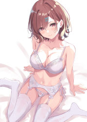  arm_support bare_shoulders blush bra breasts brown_eyes brown_hair cleavage closed_mouth collarbone female from_above garter_belt garter_straps hair_ornament hairclip hatsu_(first_snow) highres higuchi_madoka idolmaster idolmaster_shiny_colors lingerie looking_at_viewer medium_breasts mole mole_under_eye navel no_shoes panties short_hair side-tie_panties sitting smile solo swept_bangs thighhighs underwear underwear_only wariza white_panties white_thighhighs 