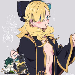  1boy asymmetrical_bangs blonde_hair blue_eyes breasts cosplay couple female fire_emblem fire_emblem_engage green_hair gregory_(fire_emblem) gregory_(fire_emblem)_(cosplay) guttary hair_flaps hair_over_one_eye madeline_(fire_emblem) navel small_breasts straight translation_request wavy_hair 