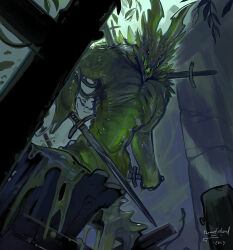  2024 ambiguous_gender anthro detailed digital_media_(artwork) dragon dripping goo-connected_lips goo_creature green_body green_eyes holding_melee_weapon holding_object holding_sword holding_weapon horn looking_at_viewer looking_down low-angle_view melee_weapon mythological_creature mythological_scalie mythology nude nude_anthro plant ruins scalie solo spikes stab sword themefinland weapon wingless_dragon 