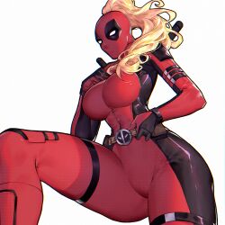  adjusting_belt belt blonde_hair bodysuit breasts cowboy_shot dbn deadpool_&amp;_wolverine deadpool_(series) female katana lady_deadpool long_hair looking_at_viewer marvel mask medium_breasts ponytail sheath sheathed simple_background solo superhero_costume sword sword_behind_back thick_thighs thigh_strap thighs utility_belt weapon weapon_on_back white_background 