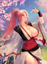  amputee arm_guards baiken blue_sky breasts cherry_blossoms cleavage commentary_request falling_petals female grass guilty_gear high_ponytail holding holding_petal jako_(toyprn) japanese_clothes kataginu kimono large_breasts long_hair looking_up multicolored_clothes multicolored_kimono one-eyed open_clothes open_kimono outdoors petals pink_eyes pink_hair ponytail sash scar scar_across_eye scar_on_face sidelocks sky solo thighs translation_request very_long_hair wide_sleeves 