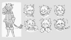  anthro blush boots churrokat closed_eyes clothing cyberconnect2 disappointed ear_piercing ear_ring elh_melizee felid feline felineko female flushed flushed_face footwear laugh little_tail_bronx mammal mane monochrome piercing ring_piercing smile solatorobo solo tired yelling 