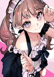  alternate_costume apron breasts brown_hair cleavage closed_mouth commentary_request enmaided female frilled_cuffs from_above fujishima_megumi halftone highres link!_like!_love_live! long_hair looking_at_viewer love_live! maid maid_apron off_shoulder oihlf pink_background purple_eyes short_sleeves smile solo split_mouth twintails two-tone_background virtual_youtuber white_background white_wrist_cuffs wrist_cuffs 