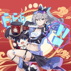  absurdres bandaid bandaid_on_leg black_footwear black_jacket black_shorts blue_eyes boots choker crop_top female finger_gun grey_eyes grey_hair grin hair_ribbon hat highres honkai:_star_rail honkai_(series) jacket long_hair looking_at_viewer midriff navel open_mouth pom-pom_(honkai:_star_rail) ponytail purple_ribbon qqqne red_background red_hat ribbon shirt short_shorts shorts silver_wolf_(honkai:_star_rail) smile stomach thigh_strap thighs white_shirt 