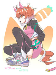  4me_4ma absurdres ahoge animal_ears asymmetrical_bangs breasts brown_hair carrot_print colored_tips commentary_request dantsu_flame_(umamusume) ear_covers female food_print from_above full_body highres horse_ears horse_girl horse_tail leggings long_sleeves looking_at_viewer medium_breasts multicolored_hair on_ground open_mouth pink_shirt pink_shorts shirt shoes short_hair short_shorts shorts shrug_(clothing) simple_background sleeveless sleeveless_shirt smile sneakers solo tail umamusume yellow_eyes 