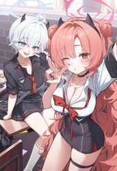  2girls absurdres ahoge black_horns black_shirt black_skirt blue_archive blue_eyes blue_halo breasts chair classroom cleavage collared_shirt commentary demon_horns desk double_bun erika_(blue_archive) fake_horns fingernails flat_chest goeleu grey_hair hair_bun halo highres horns indoors kirara_(blue_archive) large_breasts long_fingernails long_hair long_sleeves multiple_girls nail_polish necktie open_mouth parted_lips pink_eyes pink_hair pink_halo pleated_skirt red_nails red_necktie school_chair school_desk shirt short_hair short_sleeves sitting skirt smile socks symbol-only_commentary thigh_strap v white_shirt white_socks 