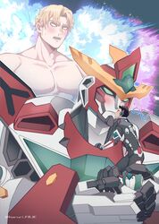  3boys ao_isami bara black_hair blank_eyes blonde_hair blood bravern carrying carrying_person collarbone couple cropped_torso explosion facial_hair haruri_fbje heart highres kissing large_pectorals lewis_smith male_focus mecha multiple_boys muscular muscular_male nosebleed nude pectorals pilot_suit projected_inset robot short_hair sideburns_stubble spoilers stubble twitter_username yaoi yuuki_bakuhatsu_bang_bravern 