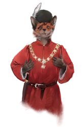  2023 ambiguous_gender anthro banoncat belt belt_buckle buckle canid canine clothing feather_hat fox gesture hi_res jewelry knife looking_at_viewer mammal necklace open_mouth red_clothing red_shirt red_topwear red_tunic sheathed_dagger shirt simple_background teeth topwear tunic 