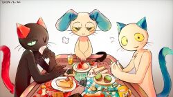  16:9 beverage blue_ears blue_tail cake container cup daqian1130 dessert domestic_cat felid feline felis food fruit furniture green_sclera group japanese_food kiwifruit kobayashi_(neko_no_teach-kun) lagomorph leporid living_tail looking_at_viewer male male/male mammal neko_no_teach-kun one_eye_closed oyasaioni9 photo plant rabbit red_ears red_tail reptile sam_(neko_no_teach-kun) scalie sign smile smiling_at_viewer snake snake_tail table tagme tail teach trio unusual_anatomy unusual_tail wagashi_(food) widescreen yellow_sclera 