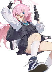  absurdres ahoge ammunition_pouch ballistic_shield beretta_1301 beretta_92 black_gloves blue_archive blue_necktie bulletproof_vest fingerless_gloves gloves gun halo handgun heterochromia highres holding holding_gun holding_weapon hoshino_(armed)_(blue_archive) hoshino_(blue_archive) huge_ahoge long_hair necktie oerba_yun_fang pink_hair pink_halo pouch riot_shield shield shirt shoes shotgun sneakers suye trigger_discipline weapon white_background white_shirt 