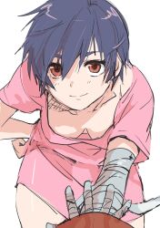  bakemonogatari ball bandages basketball_(object) blue_hair breasts cleavage collarbone female from_above highres kanbaru_suruga leaning_forward looking_at_viewer medium_breasts monogatari_(series) orange_eyes out_of_frame pink_shirt shirt short_hair simple_background small_breasts solo usa003uni white_background 