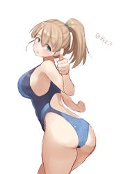  ass blue_eyes blue_one-piece_swimsuit breasts brown_hair competition_swimsuit cowboy_shot female hair_between_eyes highleg highleg_one-piece_swimsuit highres intrepid_(kancolle) kantai_collection large_breasts looking_at_viewer looking_to_the_side one-piece_swimsuit open_mouth ponytail smile solo swimsuit tetsukuzu_(yajirushi_shita) twitter_username two-tone_swimsuit white_background 