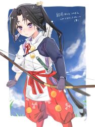  1boy arrow_(projectile) black_gloves black_hair blue_sky blush bow bow_(weapon) closed_mouth cloud feet_out_of_frame furrowed_brow gloves grass hakama hakama_pants highres holding holding_bow_(weapon) holding_weapon houjou_tokiyuki_(nige_jouzu_no_wakagimi) japanese_clothes kariginu katana long_hair long_sleeves looking_at_viewer low-tied_long_hair male_focus mmoooojk nige_jouzu_no_wakagimi out_of_frame outdoors pants parted_bangs ponytail purple_eyes red_hakama red_sash sash scabbard sheath sidelocks_tied_back sky solo sweat sword tasuki very_long_hair wavy_mouth weapon 