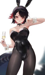  absurdres alternate_costume animal_ears armpits bafangyu bare_shoulders black_choker black_hair black_leotard black_pantyhose blush breasts choker cleavage clenched_teeth colored_inner_hair commentary covered_navel cowboy_shot cup drinking_glass ellen_joe fake_animal_ears female fingernails fins fish_tail hand_up highres holding holding_cup leotard light_blush long_fingernails looking_at_viewer medium_breasts multicolored_hair nail_polish pantyhose parted_bangs playboy_bunny rabbit_ears red_eyes red_hair red_nails shark_girl shark_tail solo strapless strapless_leotard sweatdrop tail teeth thumbs_down two-tone_hair white_background white_sleeve_cuffs wine_glass zenless_zone_zero 