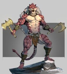  anthro armor axe bottomwear bracers clothing facial_piercing felid fur hi_res jewelry loincloth male mammal mostly_nude multicolored_body necklace nipple_piercing nipples nose_piercing nose_ring pacelic pantherine piercing red_body red_fur ring_piercing solo tiger tribal two_tone_body 