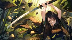  arms_up backlighting bamboo bamboo_forest black_hair black_kimono breasts brown_hair dappled_sunlight english_commentary female floating_hair forest gradient_hair green_eyes holding holding_sword holding_weapon hyanna-natsu incoming_attack japanese_clothes katana kimono leaf_print looking_at_viewer multicolored_hair nature nyfter official_art original rock signature small_breasts solo sunlight sword weapon wind 