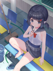  bare_arms bare_shoulders barefoot bench black_eyes black_hair blue_one-piece_swimsuit bow bowtie bucket bucket_of_water chain-link_fence commentary_request eating expressionless female fence food foot_up from_above grey_skirt highres holding holding_food holding_popsicle hose makigai on_bench one-piece_swimsuit original paid_reward_available pleated_skirt popsicle red_bow red_bowtie sandals school_swimsuit see-through shade short_hair sideways_glance sitting skirt sleeveless solo swimsuit swimsuit_under_clothes tareme two_side_up unworn_sandals wet 