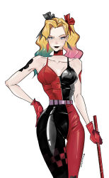  absurdres amazing799pocke batman_(series) belt black_lips black_pants black_ribbon blonde_hair blue_eyes breasts camisole colored_tips cowboy_shot dc_comics english_commentary female gloves green_hair hair_ribbon hand_on_own_hip harley_quinn highres holding looking_at_viewer medium_breasts multicolored_hair pants pink_hair purple_belt red_camisole red_gloves red_pants red_ribbon ribbon solo two-tone_camisole two-tone_pants walking white_background 