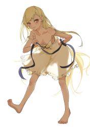  arm_up bakemonogatari bare_shoulders barefoot blonde_hair blue_ribbon breasts collarbone dress female hand_on_own_hip highres kiss-shot_acerola-orion_heart-under-blade leaning_forward long_hair looking_at_viewer monogatari_(series) orange_eyes oshino_shinobu ribbon see-through see-through_dress simple_background small_breasts solo swept_bangs usa003uni white_background 