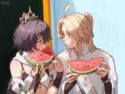  1boy ahoge artist_name bare_shoulders blonde_hair chui_art detached_sleeves eye_contact female food fruit hair_between_eyes headpiece highres holding_watermelon honkai:_star_rail honkai_(series) long_hair looking_at_another watermelon watermelon_slice yanqing_(honkai:_star_rail) yellow_eyes yunli_(honkai:_star_rail) 