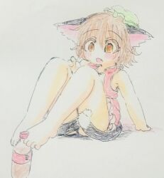  animal_ears arm_support armpit_peek bare_arms bare_legs barefoot blush brown_eyes brown_hair cat_ears cat_tail chen commentary_request d: dress ears_down female green_hat hand_up hat knees_up leaning_back legs_together mob_cap multiple_tails nekomata oerba_yun_fang open_mouth prehensile_toes red_dress short_hair si_geru3 simple_background slit_pupils soda_bottle solo tail toes touhou two_tails white_background 