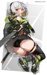  anby_demara ass backpack bag bare_shoulders bike_shorts black_gloves black_shorts black_skirt black_thighhighs burger commentary_request female fingerless_gloves food food_in_mouth gloves green_eyes headphones highres holding holding_sword holding_weapon hong_(white_spider) looking_at_viewer looking_back patreon_username pleated_skirt short_hair shorts skirt solo sword thighhighs weapon white_hair zenless_zone_zero 