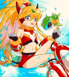  bare_shoulders bikini blonde_hair blue_eyes cairngorm999 ciel_(mega_man) female helmet high_ponytail highres long_hair mega_man_(series) mega_man_x_(series) mega_man_x_dive mega_man_zero_(series) miniskirt official_alternate_costume open_mouth red_bikini red_helmet red_skirt skirt solo_focus swimsuit water_drop 