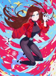  artist_logo atomicmrshmallw belt black_belt black_bodysuit blue_eyes bodysuit breasts brown_hair commentary cropped_jacket english_commentary female full_body gloves highres jacket long_hair looking_at_viewer open_clothes open_jacket original red_jacket solo white_footwear white_gloves 