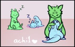  achi1 ambiguous_gender big_eyes colored cuddling duo eye_contact feral fur fur_markings glistening glistening_body hi_res highlights_(coloring) hug looking_at_another looking_down looking_up markings narrowed_eyes rain_world rivulet_(rain_world) saint_(rain_world) simple_background sleeping slugcat squint tail thick_tail videocult whiskers 