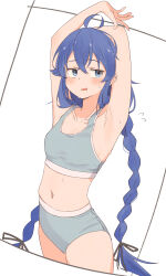  absurdres armpits arms_up blue_eyes blue_hair blush braid breasts commentary_request commission crossed_bangs female grey_panties grey_sports_bra hair_between_eyes highres jitome long_hair looking_to_the_side mushoku_tensei navel panties parted_lips root_(1732050807point) roxy_migurdia skeb_commission small_breasts solo sports_bra sweat twin_braids underwear very_long_hair white_background 