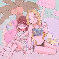  2girls aqua_eyes arm_support ball bangle beach_umbrella beachball bikini bird blonde_hair bracelet brown_eyes brown_hair clam coconut_tree flamingo glasses hand_on_own_chest hands_on_own_knees iin_chiyo jewelry kimi_no_koto_ga_dai_dai_dai_dai_daisuki_na_100-nin_no_kanojo light_blush long_hair medium_hair mismatched_bikini multiple_girls oknomyk open_mouth palm_tree sitting swimsuit tree umbrella utsukushisugi_mimimi yokozuwari 