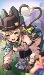  :3 :d absurdres all_fours black_gloves black_hat blonde_hair bow bowtie cat_tail female genshin_impact gloves green_bow green_bowtie green_eyes hat heart heart_tail highres kirara_(genshin_impact) kirara_(phantom_in_boots)_(genshin_impact) long_hair long_sleeves looking_at_viewer multiple_tails reia_hana shirt single_bare_shoulder smile solo tail two_tails white_shirt 