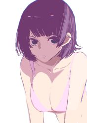  bakemonogatari bare_shoulders blunt_bangs bra breasts collarbone female highres large_breasts leaning_forward looking_at_viewer monogatari_(series) purple_bra purple_hair senjougahara_hitagi serious short_hair simple_background solo underwear usa003uni 