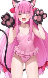  :d ^_^ absurdres animal_ears animal_hands blunt_bangs bombergirl breasts cat_ears cat_tail closed_eyes collarbone commentary_request covered_navel female frilled_one-piece_swimsuit frills gloves highres lelex long_hair momoko_(bombergirl) one-piece_swimsuit open_mouth paw_gloves pink_hair pink_one-piece_swimsuit simple_background small_breasts smile solo standing swimsuit tail thighs white_background 