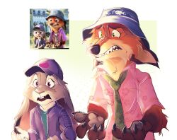  anthro canid canine clothed clothing digital_media_(artwork) disney duo female fox fur grey_body hexkates hi_res judy_hopps lagomorph leporid male mammal nick_wilde open_mouth rabbit red_fox redraw simple_background teeth_showing true_fox zootopia 