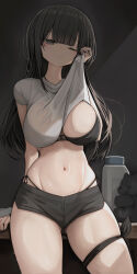  absurdres black_bra black_hair black_ribbon black_shorts bra breasts closed_mouth clothes_lift female genek highres incredibly_absurdres large_breasts leg_ribbon lifting_own_clothes long_hair looking_at_viewer navel one_eye_closed original ribbon shirt shirt_lift short_shorts shorts solo thigh_ribbon thighs underwear white_shirt 