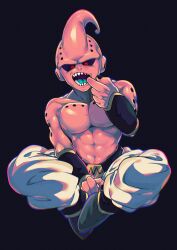  1boy absurdres aqua_tongue bare_pectorals black_background black_nails black_sclera bracer colored_sclera colored_skin commentary dragon_ball dragon_ball_z finger_in_own_mouth highres kid_buu looking_down majin_buu male_focus muscular muscular_male no_eyebrows open_mouth otyumamii pants pectorals pink_skin red_eyes sharp_teeth sitting solo symbol-only_commentary teeth topless_male white_pants 