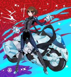  artist_logo atomicmrshmallw biker_clothes bikesuit bodysuit braid brass_knuckles brown_hair commentary crown_braid english_commentary female full_body highres looking_at_viewer motor_vehicle motorcycle niijima_makoto persona persona_5 red_eyes short_hair shoulder_spikes solo spiked_knuckles spikes spread_legs standing weapon 