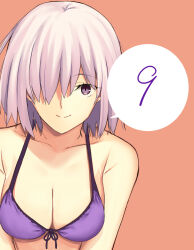  bare_shoulders bikini breasts choppy_bangs cleavage close-up collarbone fate/grand_order fate_(series) front-tie_bikini_top front-tie_top hair_over_one_eye iro_(sekaixiro) large_breasts leaning_forward looking_at_viewer mash_kyrielight orange_background purple_eyes purple_hair short_hair simple_background smile speech_bubble swimsuit type-moon 