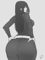  ass breasts death_note english_commentary female from_behind grey_background greyscale hair_behind_ear hands_on_own_hips highres huge_ass long_hair long_sleeves looking_back medium_breasts misora_naomi monochrome pants shirt solo spells_x v-shaped_eyebrows very_long_hair 