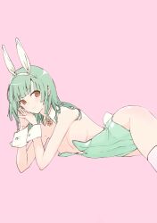  animal_ears bakemonogatari bare_shoulders blunt_bangs breasts covered_navel detached_collar female green_hair highres hip_bones long_hair lying monogatari_(series) on_side orange_eyes pink_background playboy_bunny rabbit_ears rabbit_tail sengoku_nadeko simple_background small_breasts solo tail thighhighs thighs usa003uni white_thighhighs wrist_cuffs 