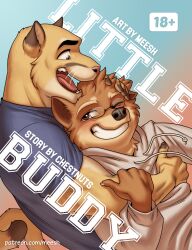  anthro biped black_nose brown_eyes clothed clothing cover cover_art duo english_text eyewear felid feline fur glasses hair hi_res hoodie male mammal meesh muscular one_eye_closed open_mouth open_smile pink_nose smile tail tan_body tan_fur tan_hair tan_tail teeth text tongue topwear 