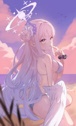  absurdres angel_wings ass bare_shoulders beach bikini bird blue_archive blurry blurry_foreground blush breasts commentary feathered_wings female finger_in_own_mouth finger_to_mouth fingernails flower gradient_hair hair_bun hair_flower hair_intakes hair_ornament hair_ribbon halo highres kneeling large_breasts long_hair looking_back low_wings mika_(blue_archive) multicolored_hair nail_polish o-ring o-ring_bikini ocean outdoors parted_lips pink_hair pink_halo pink_nails pink_sky print_scrunchie purple_flower purple_scrunchie ribbon sand scrunchie seagull single_side_bun sky solo sunset swimsuit thighs toes water white_bikini white_ribbon white_wings wings wrist_scrunchie xi. yellow_eyes 