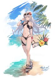  absurdres adjusting_hair ahoge ayacho bag beach bikini black_bikini breasts character_request copyright_request eyewear_on_head female grey_hair highres holding holding_bag long_hair looking_at_viewer pointy_ears sandals solo string_bikini sunglasses swimsuit 