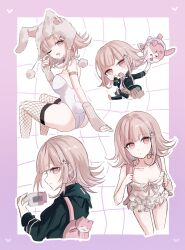  animal_bag breasts brown_hair collared_shirt danganronpa_(series) danganronpa_2:_goodbye_despair female flipped_hair galaga hair_ornament handheld_game_console highres holding holding_handheld_game_console hood jacket leotard long_sleeves looking_at_viewer medium_hair nanami_chiaki neck_ribbon official_alternate_costume open_clothes open_jacket pink_bag pink_eyes playboy_bunny ribbon rishaku_(user_cuwx8758) shirt skirt white_leotard white_shirt 