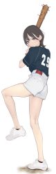  ama_mitsuki ankle_socks baseball_bat black_eyes black_shirt black_socks brown_hair closed_mouth commentary_request female full_body highres holding holding_baseball_bat kneepits looking_at_viewer nail nail_bat original shirt short_hair short_shorts short_sleeves shorts simple_background socks solo standing standing_on_one_leg white_background white_footwear white_shorts 