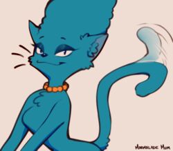  2021 anthro bedroom_eyes blue_body blue_fur blue_hair cat_marge collar domestic_cat felid feline felis female fur gem hair looking_at_viewer mammal marge_simpson marmalademum narrowed_eyes pearl_(gem) seductive signature simple_background solo tail tail_motion tailwag the_simpsons treehouse_of_horror 