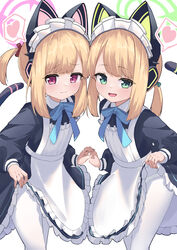  2girls animal_ear_headphones animal_ears apron black_dress blonde_hair blue_archive blush closed_mouth dress fake_animal_ears frilled_apron frilled_dress frills green_eyes green_halo halo headphones heart highres long_sleeves looking_at_viewer maid maid_apron maid_headdress midori_(blue_archive) midori_(maid)_(blue_archive) momoi_(blue_archive) momoi_(maid)_(blue_archive) multiple_girls official_alternate_costume open_mouth osmium-76 panties panties_under_pantyhose pantyhose pink_halo polka_dot polka_dot_panties red_eyes short_hair siblings simple_background sisters smile spoken_heart twins underwear white_apron white_background white_pantyhose 