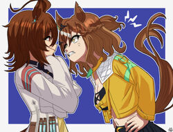  2girls absurdres agnes_tachyon_(umamusume) ahoge anger_vein animal_ears artist_logo bandeau bandolier belt black_skirt blue_background border braid breasts brown_hair cleavage clenched_teeth coat color_neko_(user_yfvc3323) commentary_request cropped_jacket crossed_arms earrings french_braid hair_between_eyes hands_on_own_hips highres horse_ears horse_girl horse_tail jacket jewelry jungle_pocket_(umamusume) lab_coat long_sleeves medium_breasts medium_hair midriff multiple_girls navel notched_ear open_clothes open_coat open_jacket outside_border red_eyes short_ponytail single_earring skirt sleeves_past_fingers sleeves_past_wrists small_breasts smile tail teeth test_tube umamusume umamusume:_beginning_of_a_new_era very_long_sleeves white_border white_coat yellow_eyes yellow_jacket 